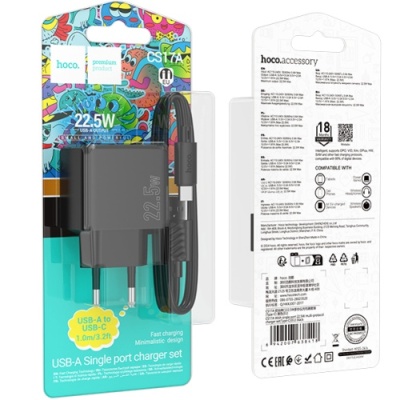 мережевий зарядний пристрій hoco cs17a 1usb/22.5w/qc3.0 + (usb - type-c) multi-protocol (чорний) 