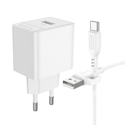 мережевий зарядний пристрій borofone bas12a 1usb/18w/qc3.0 + (usb - type-c) (білий) 