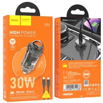 Автомобільний Зарядний Пристрій Hoco Z53 1Type-C/30W/PD + (Type-C - Lightning) (Чорний)