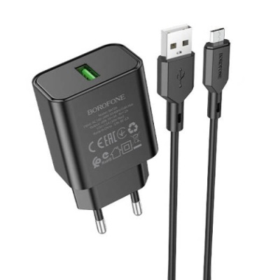 мережевий зарядний пристрій borofone ba72a spring 1usb/18w/qc3.0 + (usb - microusb) (чорний) 