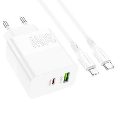 мережевий зарядний пристрій borofone ba75a powerfull 1usb/18w/qc3.0 + 1type-c/30w/pd + (type-c - lightning) (бiлий) 