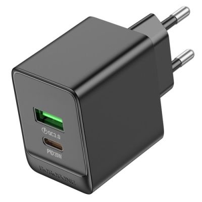 мережевий зарядний пристрій borofone bas14a erudite 1usb/18w/qc3.0 + 1type-c/20w/pd (чорний) 
