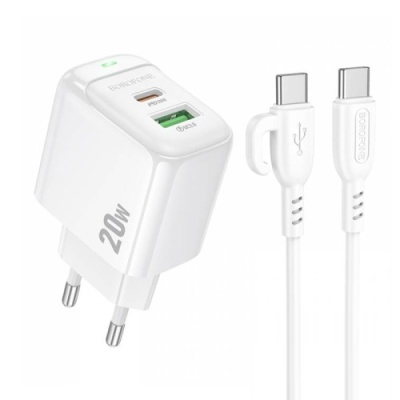 мережевий зарядний пристрій borofone bas44a 1usb/18w/qc3.0 + 1type-c/20w/pd + (type-c - type-c) (білий) 