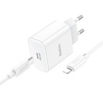 мережевий зарядний пристрій hoco c76a pro 1type-c/30w/qc3.0/pd + (type-c - lightning) (білий) 