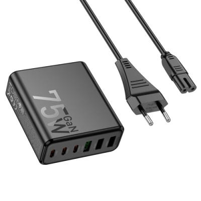мережевий зарядний пристрій hoco c133a 75w 1usb/18w/qc3.0 + 1type-c/45w/pd (чорний) 