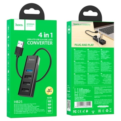 usb hub hoco hb25 easy mix 4-in-1 converter (usb to usb3.0+usb2.0*3) (чорний) 