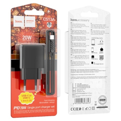 мережевий зарядний пристрій hoco cs13a 1type-c/20w/pd + (type-c - type-c) (чорний) 