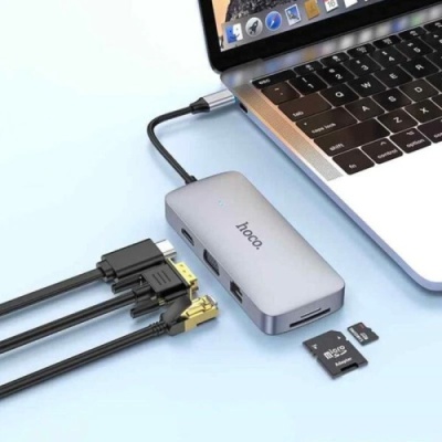 usb hub hoco hb33 type-c easy type-c 10-in-1 multi-function converter 0,18m. metal gray 