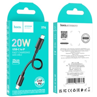 кабель hoco x96 hyper pd20w type-c - lightning 2.4a/0.25m (чорний) 