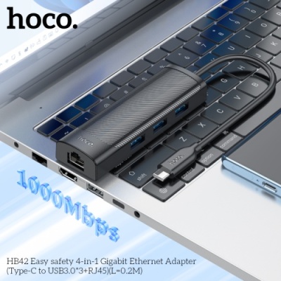 usb hub hoco hb42 4-in-1 (type-c to usb3.0*3+rj45 1gbps) (l=0.2m) (чорний) 