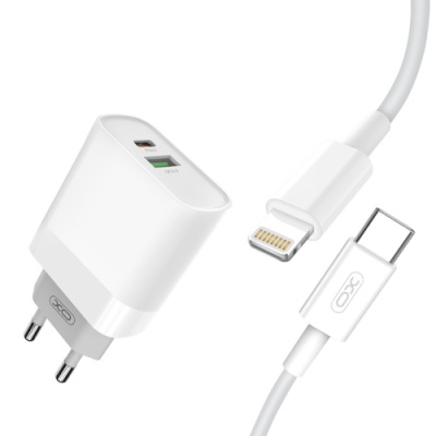 мережевий зарядний пристрій xo l64 1usb/18w/qc3.0 + 1type-c/20w/pd + (type-c - lightning) (бiлий) 