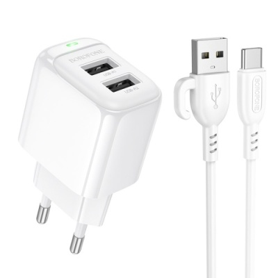мережевий зарядний пристрій borofone bas41a 2usb/12w/2.4a + (usb - type-c) (білий) 