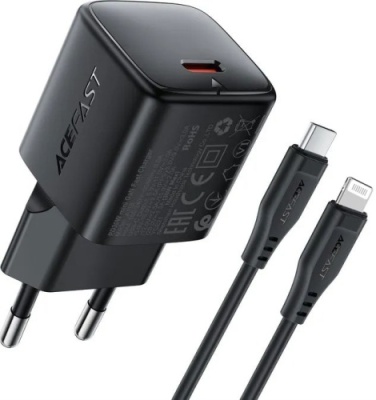 мережевий зарядний пристрій acefast a118 pd30w (1type-c) + type-c - lightning (1,2м) (чорний) 