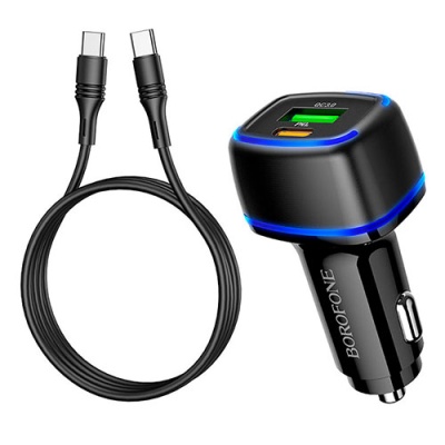 Автомобільний Зарядний Пристрій Borofone BZ14A 1USB/18W/QC3.0 + 1Type-C/20W/PD + (Type-C - Type-C) (Чорний)