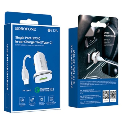 Автомобільний Зарядний Пристрій Borofone BZ12A 1USB/18W/QC3.0 + (USB - Type-C) (Білий)