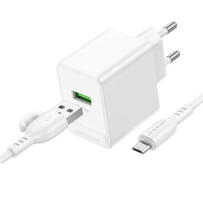 мережевий зарядний пристрій borofone bas12a 1usb/18w/qc3.0 + (usb - microusb) (білий) 