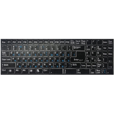 наклейки на клавіатуру чорна (білі і сині букви) матові, повнорозмірні 