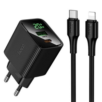 мережевий зарядний пристрій hoco cs83a 1usb/18w/qc3.0 + 1type-c/30w/pd + (type-c - lightning) (чорний) 