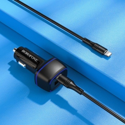 Автомобільний Зарядний Пристрій Borofone BZ14A 1USB/18W/QC3.0 + 1Type-C/20W/PD + (Type-C - Lightning) (Чорний)
