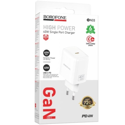 мережевий зарядний пристрій borofone bn33 pd40w (1type-c) (білий) 