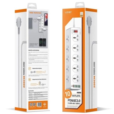 мережевий подовжувач ldnio sc10610 (10 ports / 1pd / 1qc3.0 / 4 usb / 2m) (бiлий) 