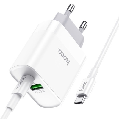мережевий зарядний пристрій hoco c80a 1usb/18w/qc3.0 + 1type-c/20w/pd + (type-c - lightning) (білий) 