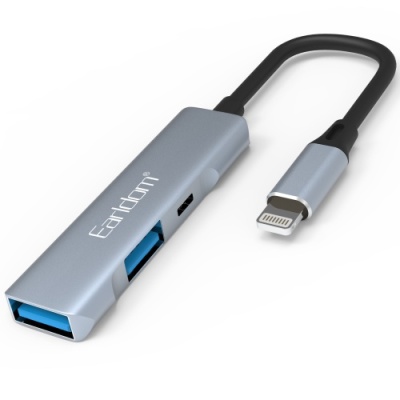 usb hub earldom et-hub11 lightning  to 2xusb 2.0 + usb-c (сірий) 