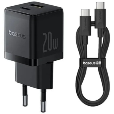 мережевий зарядний пристрій baseus palm fast charger (p10111608113-01) 1usb/qc3.0 + 1type-c/pd 20w + (type-c - type-c 60w) (чорний) 