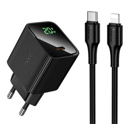 мережевий зарядний пристрій hoco cs82a 1type-c/20w/pd + (type-c - lightning) (чорний) 