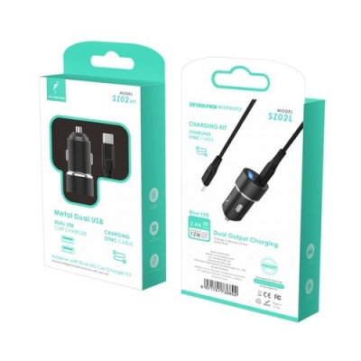 Автомобільний Зарядний Пристрій SkyDolphin SZ02L 2USB/2.4A + (USB - Lightning) (Чорний)