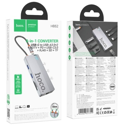 usb hub hoco hb52 type-c 8-in-1 (hdtv+rj45-100mbps+sd/tf+pd+type-c3.0+usb3.0*2) (сірий) 