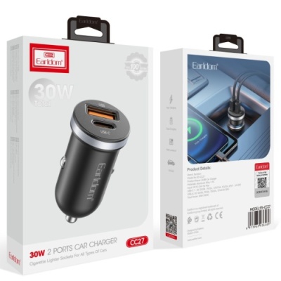 Автомобільний зарядний пристрій Earldom ES-CC27 Aluminium 30W 1USB/QC3.0 + 1Type-C/PD (Чорний)