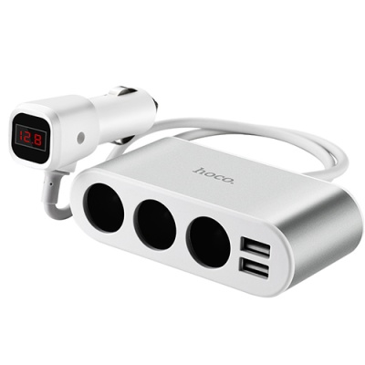 Розгалужувач прикурювача Hoco Z13 LCD 3Port+2USB/2.1A (Сталевий)