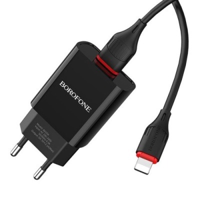 мережевий зарядний пристрій borofone ba20a 1usb/2.1a + (usb - lightning) (чорний) 