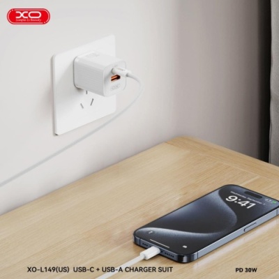 мережевий зарядний пристрій xo l149 1usb/18w/qc3.0 + 1type-c/30w/pd + (type-c - lightning) (бiлий) 