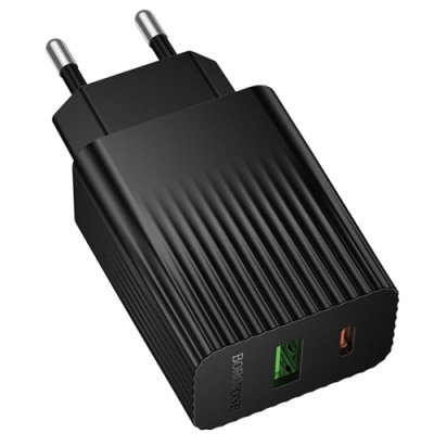 мережевий зарядний пристрій borofone bas74a 1usb/18w/qc3.0 + 1type-c/20w/pd (чорний) 