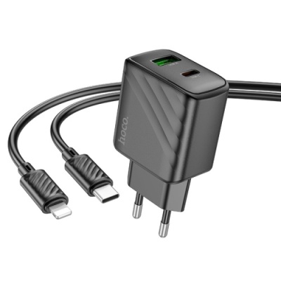 мережевий зарядний пристрій hoco cs23a 1usb/18w/qc3.0 + 1type-c/30w/pd + (type-c - lightning) (чорний) 