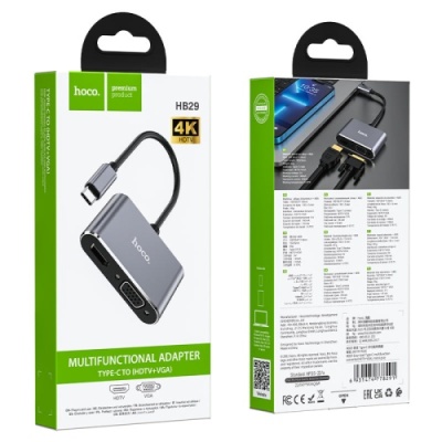 usb hub hoco hb29 type-c easy-lead type-c multifunction converter(hdtv+vga) metal grey 