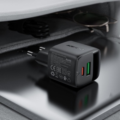 мережевий зарядний пристрій acefast a114 pd25w+qc 3.0 (1type-c/1usb/3a) (чорний) 