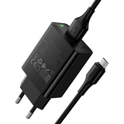 мережевий зарядний пристрій hoco cs92a 1usb/18w/qc3.0 + (usb - microusb) (чорний) 