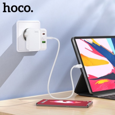 мережевий зарядний пристрій hoco c115a pd65w+ qc3.0 (1usb/2type-c) (білий) 