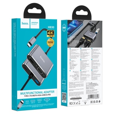 usb hub hoco hb30 type-c eco type-c multi-function converter(hdtv+vga+usb3.0+pd) metal grey 