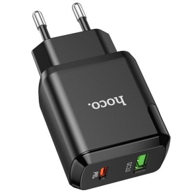 мережевий зарядний пристрій hoco n5 1usb/18w/qc3.0 + 1type-c/20w/pd (чорний) 