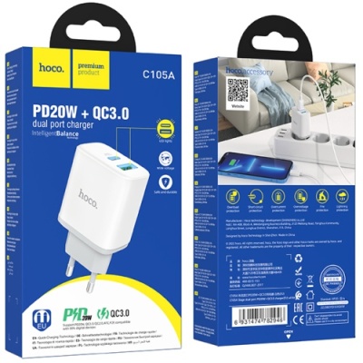 мережевий зарядний пристрій hoco c105a 1usb/18w/qc3.0 + 1type-c/20w/pd (білий) 