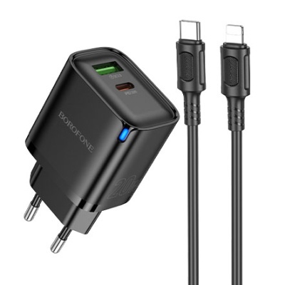 мережевий зарядний пристрій borofone ba83a 1usb/18w/qc3.0 + 1type-c/20w/pd + (type-c - lightning) (чорний) 