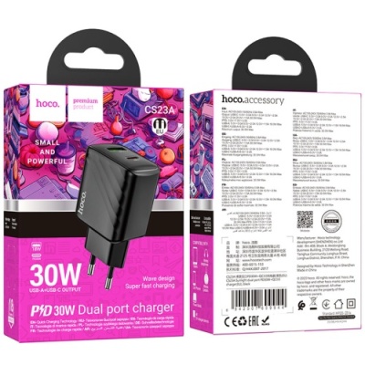 мережевий зарядний пристрій hoco cs23a 1usb/18w/qc3.0 + 1type-c/30w/pd (чорний) 