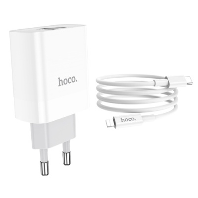 мережевий зарядний пристрій hoco c80a 1usb/18w/qc3.0 + 1type-c/20w/pd + (type-c - lightning) (білий) 