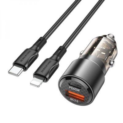 Автомобільний Зарядний Пристрій Borofone BZ20A Smart 83W dual port PD65W+QC18W + (Type-C to Lightning) (Чорний)