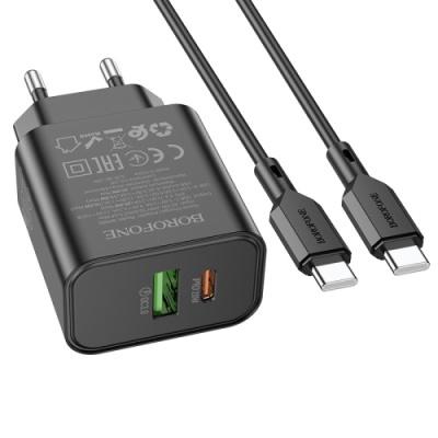 мережевий зарядний пристрій borofone ba88a 1usb/18w/qc3.0 + 1type-c/20w/pd + (type-c - type-c) (чорний) 