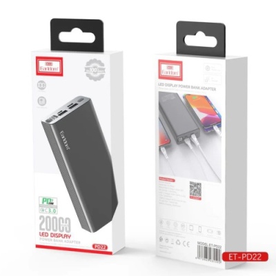 додаткова батарея power bank earldom et-pd22 20000 mah metall alloy pd20w+qc3.0 22.5w (чорний) 